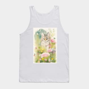 Watercolour painting of striped cat in th flower garden Tank Top